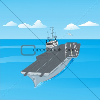 Aircraft carrier floating on waves with plane flying up