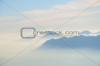 Hills and mountains in the mist