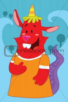 Cute and funny looking red monster with a horn, birthday party
