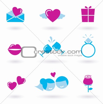 Collection of wedding, love and Valentine's day icons and symbols - pink