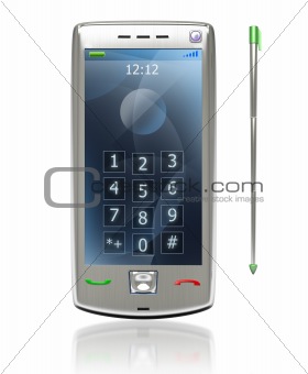 Mobile pda 3G phone with stylus isolated on white