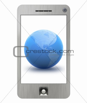 PDA phone with blue globe.  Isolated on white