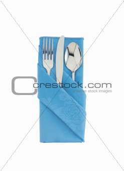 fork ,knife and spoon on blue cloth isolated on white background