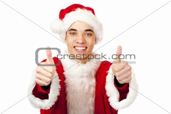 male santa claus teenager shows both thumbs up