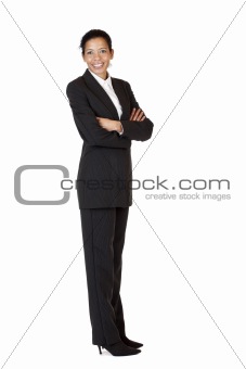 Self confident business woman smiles happy into camera