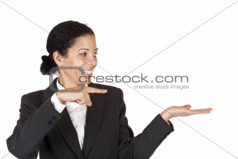 woman points with finger at palm with space for advertisement
