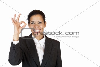 Happy woman shows with fingers a circle