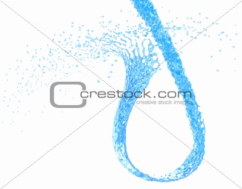 Stream of blue water with splashes in shape of a drop. Isolated on white