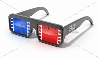 3D glasses with film concept. Isolated on white
