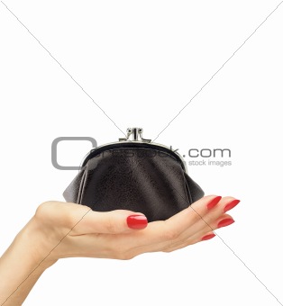 Leather wallet in woman hand isolated on white background