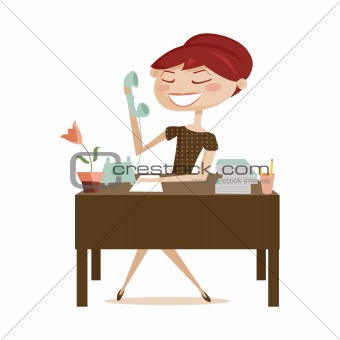 Retro woman working, isolated