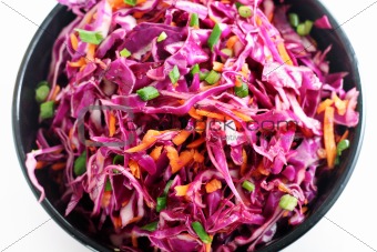 shot of a red cabbage slaw up close