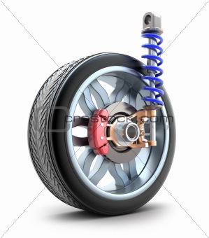 Wheel, shock absorber and brake pads. Isolated on white