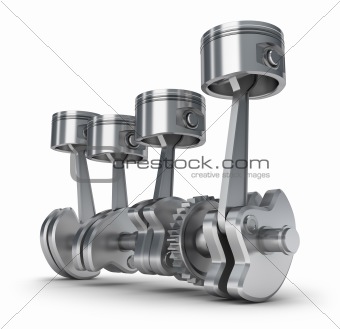 Engine pistons and cog. 3D image. Isolated on white.