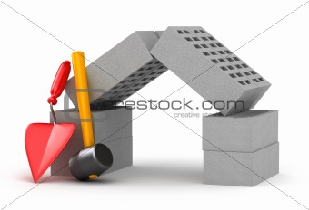 Build a home concept : hammer trowel and bricks on white background