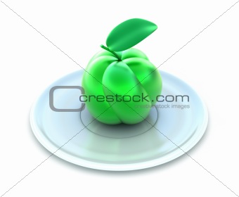 Green apple on white plate. Isolated on white