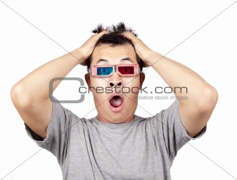 3D glasses and Portrait of shouting shocked man