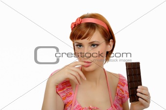beautiful woman eating chocolate bar. isolated on white