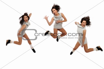 Dynamic beautiful wild winter woman jumping and screaming