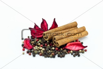 Closeup of mixed pepper and cinnamon sticks
