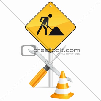 screwdriver, spanner, pylon and road sign