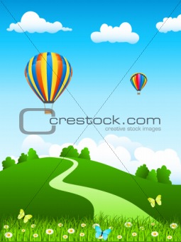 hot air balloon over green landscape