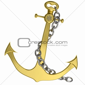 Golden anchor with chain isolated on white