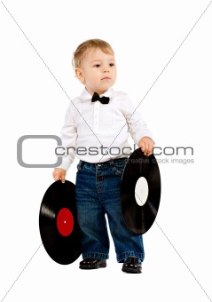 The little boy with phonograph records on white