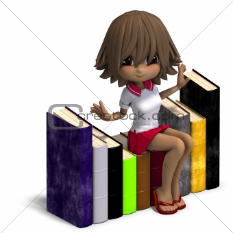 cute little cartoon school girl with many books