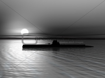 Submarine on a background of a sunset on the sea