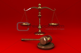 Golden scale and gavel on red solid background