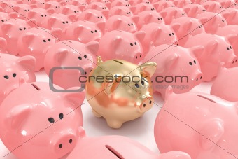 Gold piggy bank standing out from others
