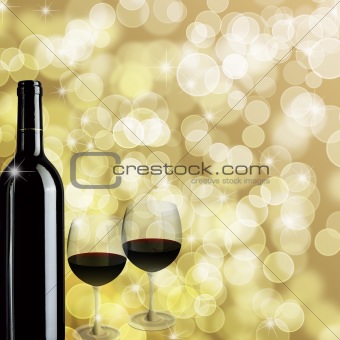 Red Wine Bottle and Two Glasses Bokeh Background