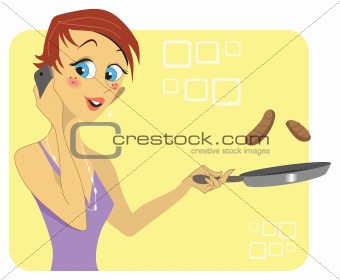 Woman talking on the phone while cooking