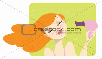 Redhead woman drying her hair