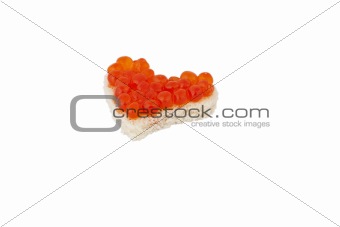 Bread in the form of a heart and red caviar