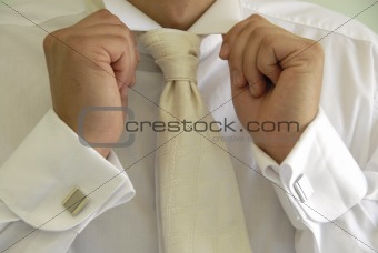 groom's hands holding collar