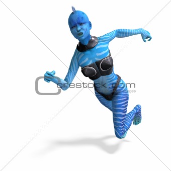 blue female alien running