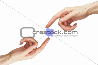 Woman hands with puzzle isolated on white