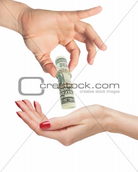 woman hand and man hand with dollar banknote isolated on white