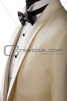 ceremony beige tuxedo, white shirt and black bowtie