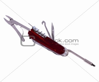 Multipurpose penknife or knife isolated over white closeup