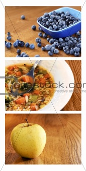 Collage of healthy food on wood table