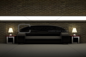 black sofa in the room with brick wall