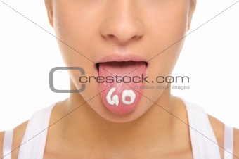 Woman puts out the tongue with an inscription go