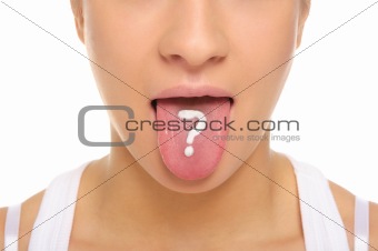 Woman puts out tongue with drawn question mark