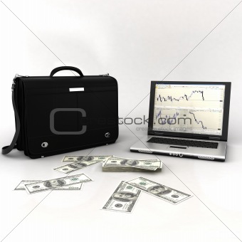 handbag with laptop and money