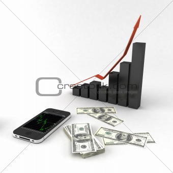 mobile phone with dollars and graph