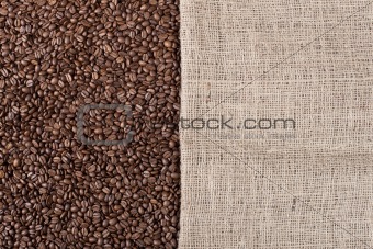 Coffee background with beans and a canvas 