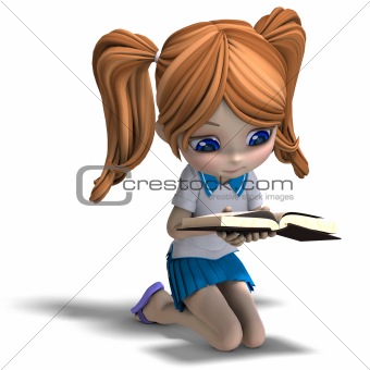 cute little cartoon school girl reads a book
